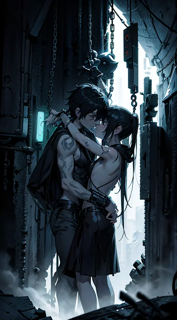 a naked handcuffed mato kuroi from black rock shooter hugging an emo guys, space, space ship, futuristic, bdsm, bodnage, sex,rap...