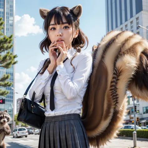 A woman wearing a pleated skirt suit with a raccoon tail, anthropomorphic raccoon, けもの, realistic, a picture, top-quality, Surpr...