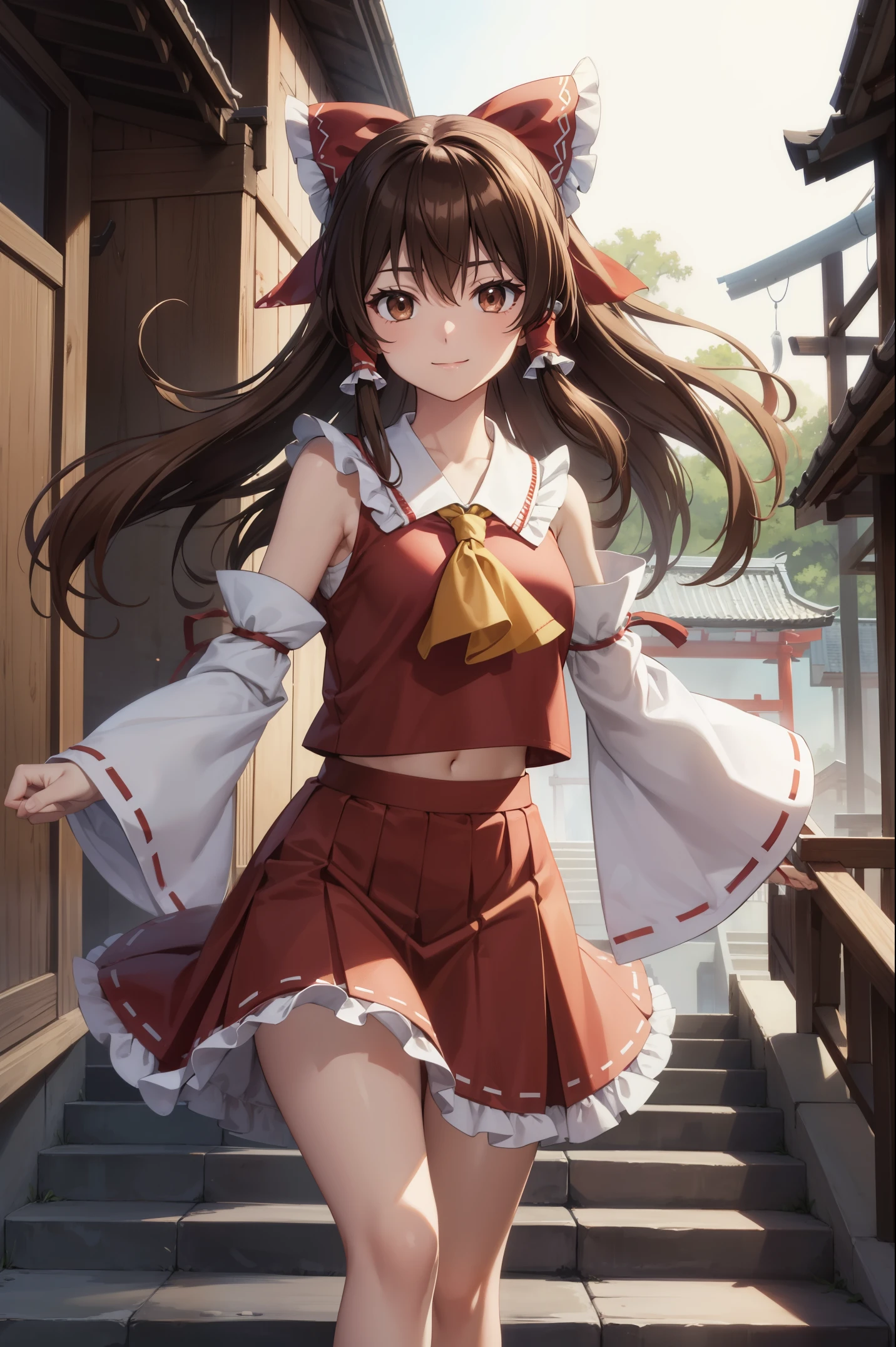 reimu hakurei, (brown eyes:1.5), brown hair, bow, hair bow, hair tubes, long hair, red bow, sidelocks,
BREAK ascot, bare shoulders,detached sleeves, embellished costume, frills, japanese clothes, nontraditional miko, red skirt, sandals, sarashi, skirt, socks, white sleeves, white socks, wide sleeves, 
BREAK looking at viewer,
BREAK outdoors, shrine,cowboy shot,smile
BREAK (masterpiece:1.2), best quality, high resolution, unity 8k wallpaper, (illustration:0.8), (beautiful detailed eyes), extremely detailed face, perfect lighting, extremely detailed CG, (perfect hands, perfect anatomy),dynamic pose,