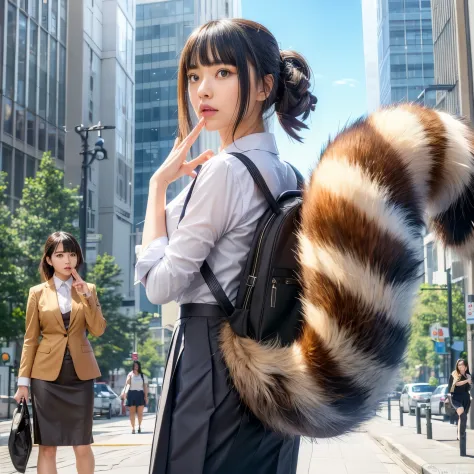 A woman wearing a pleated skirt suit with a raccoon tail, anthropomorphic raccoon, けもの, realistic, a picture, top-quality, Surpr...