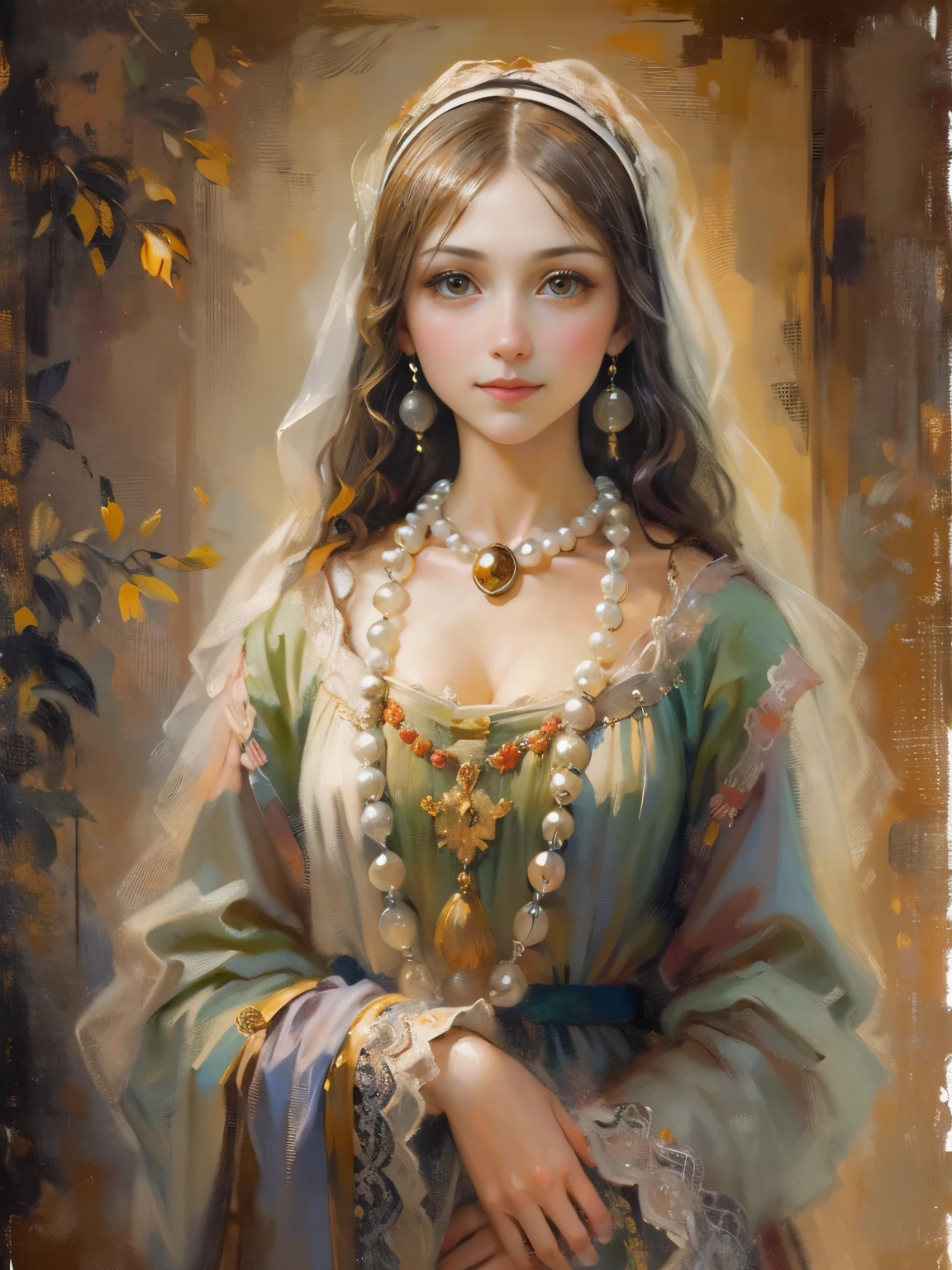 an oil painting，da vinci art style。beuaty girl，ssmile，Beautiful Medieval Costumes，pearls necklace，Artistic creativity:1.37,Oil brush strokes，Oil painting texture