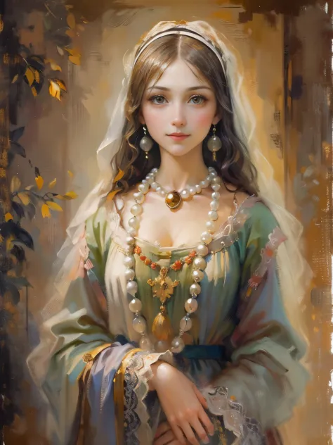 an oil painting，da vinci art style。beuaty girl，ssmile，Beautiful Medieval Costumes，pearls necklace，Artistic creativity:1.37,Oil b...