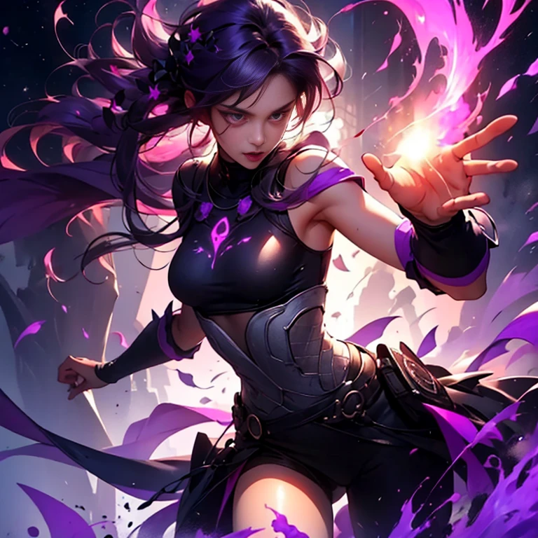 fighting, #1girl:(diving from sky, purple fire powers, tan skin tone,  eyes glowing with power, dark_purple hair, hot figure,sexy, beautiful), elegant