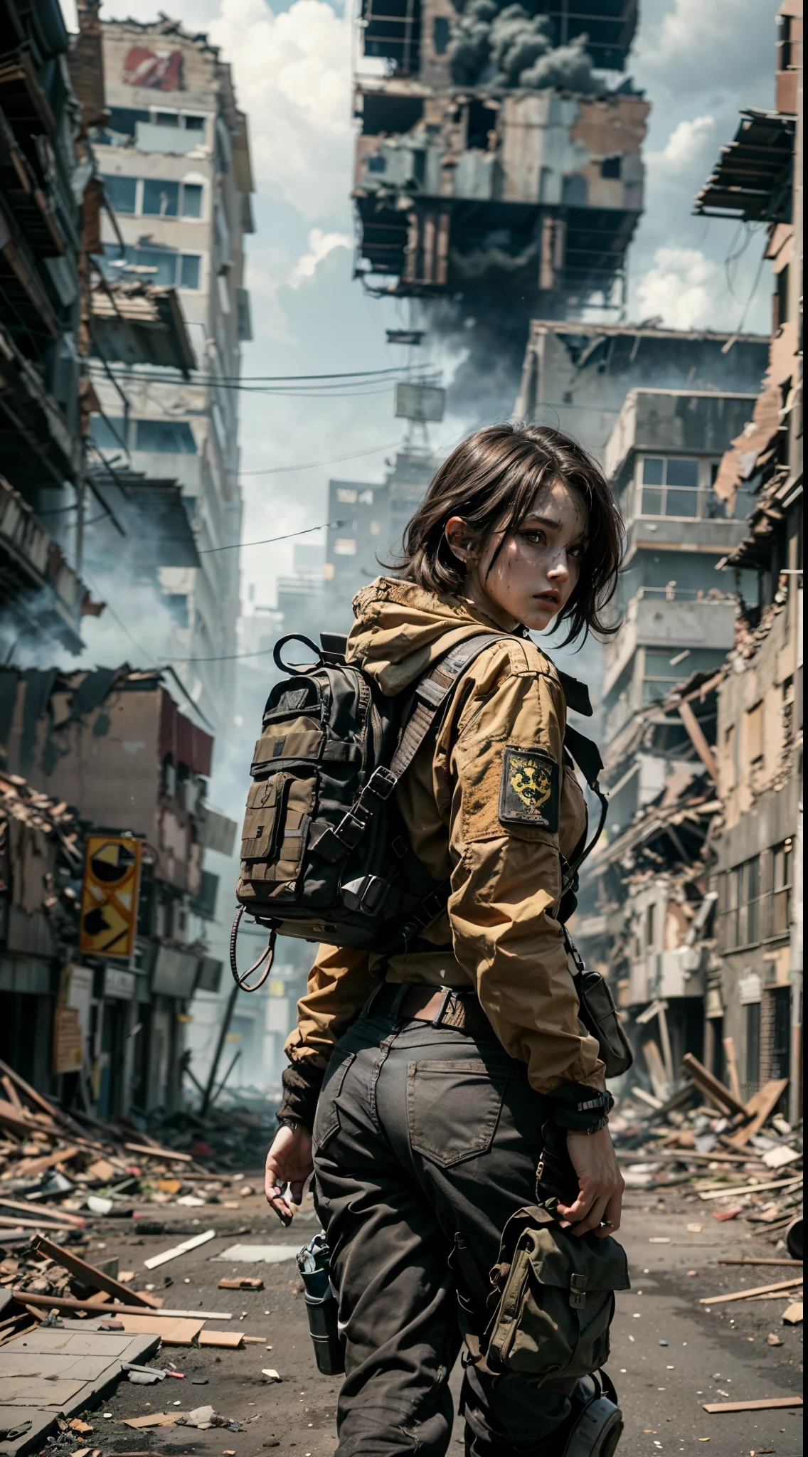 masterpiece, best quality, high resolution, rich details, 8k, extreme light and shadow, image of a beautiful young woman wearing yellow tactical gear, dirty and dusty , walking down a desolated street in a collapsed city, post apocalypse, smoke and fog in the air, BREAK yellow gray sky covered with toxic cloud, collapsed building, broken street, tall body, detailed face, detailed eye, cold face, dirty, (post apocalypse theme),