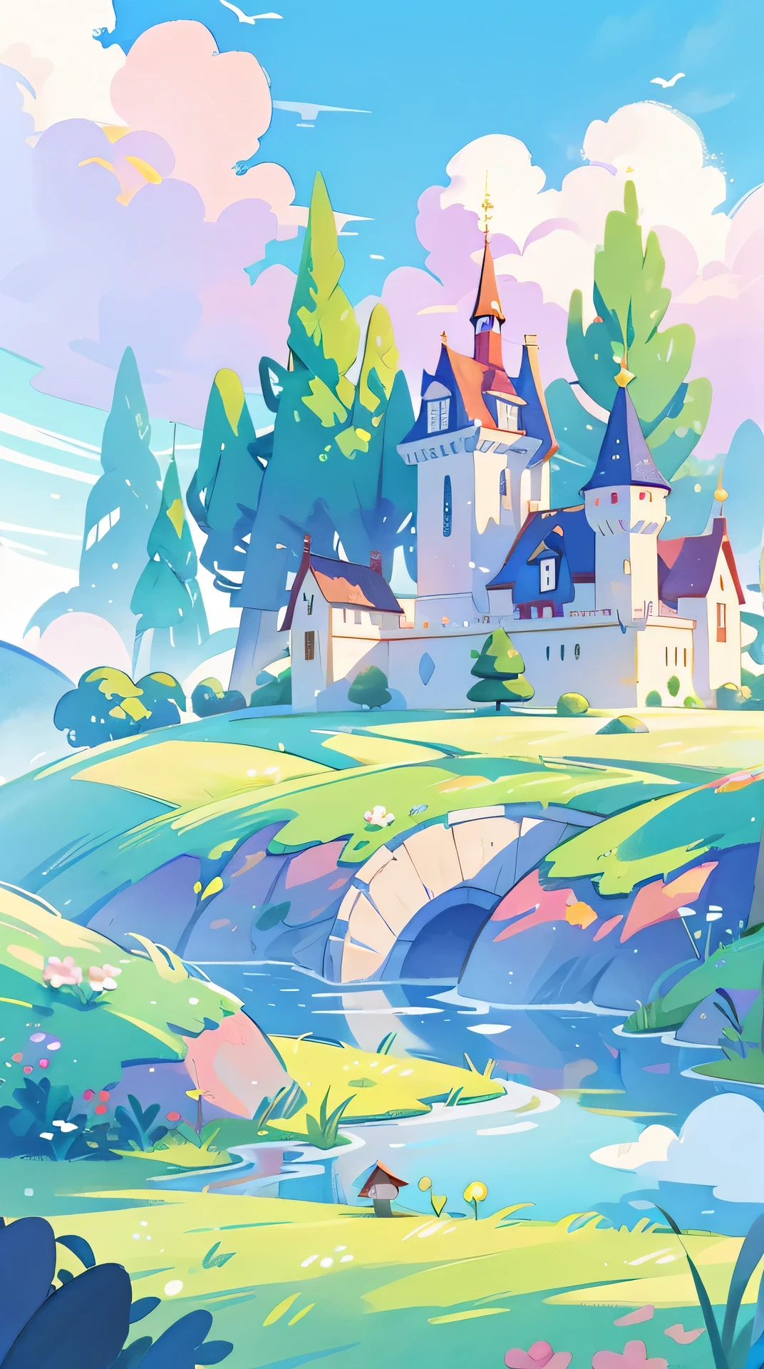 Coloring book illustration, Watercolor storybook illustration, Princess Castle, Fairy tale castle, Fairy tale tower, ​​clouds, Vibrant pastel colors, dream, Colorful, Whimsical, magical, tmasterpiece, Best quality at best, Focus sharp, Intricately detailed environments, detailed, 8K resolution