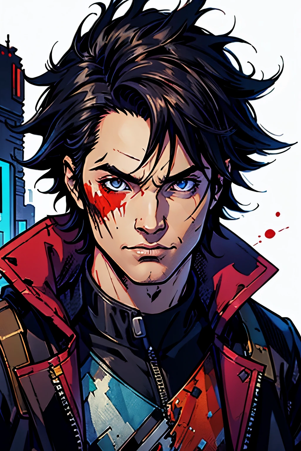 (best quality)), ((masterpiece)), (detailed), anime, Mikey, Messy hair, black hair, front face, Cyberpunk Jacket, no background, bloody clothes,