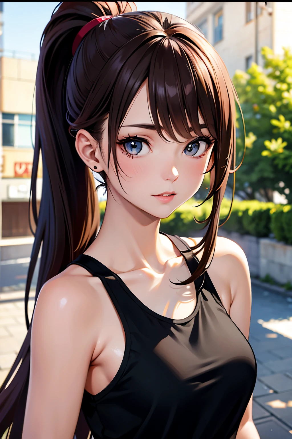 masutepiece, Best Quality, 超A high resolution, (Photorealistic:1.4), Detailed beautiful face, detailed  clothes, Stunning European women, Wearing a tank top, Super Cute, nice perfect face with soft skin perfect face, Gorgeous long ponytail brown hair, 8K resolution,Ultra-realistic,Ultra-detailed,hightquality,  wide vision
