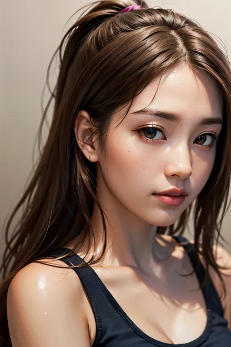 masutepiece, Best Quality, 超A high resolution, (Photorealistic:1.4), Detailed beautiful face, detailed  clothes, Stunning European women, Wearing a tank top, Super Cute, nice perfect face with soft skin perfect face, Gorgeous long ponytail brown hair, 8K r...