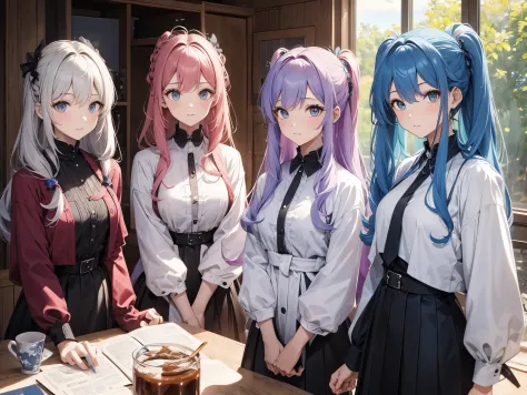 twins sister, hairstyles different, hair colors different, iris colors different, outfits different,