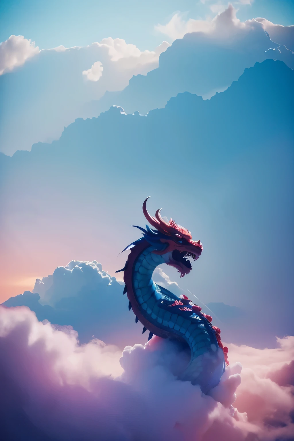 Chinese dragon soars into the sky，walking on clouds, Blue and pink, high key, Brightly Watercolor Style, Short focus, rich details​, The faucet is in the middle of the picture, Faucet facing the camera at close range,brightly