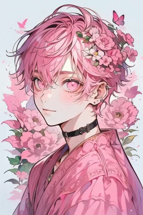 (masutepiece), (Best Quality), Highly detailed, 1 boy, Solo Focus，Perfect face, Beautiful face, extra detailed face，(Pink hair s...