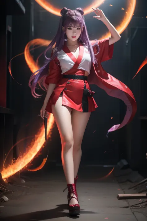 A female idol covered in fantastic red lightning、full body Esbian、、Lightning-covered miniskirt kimono、、Purple hair