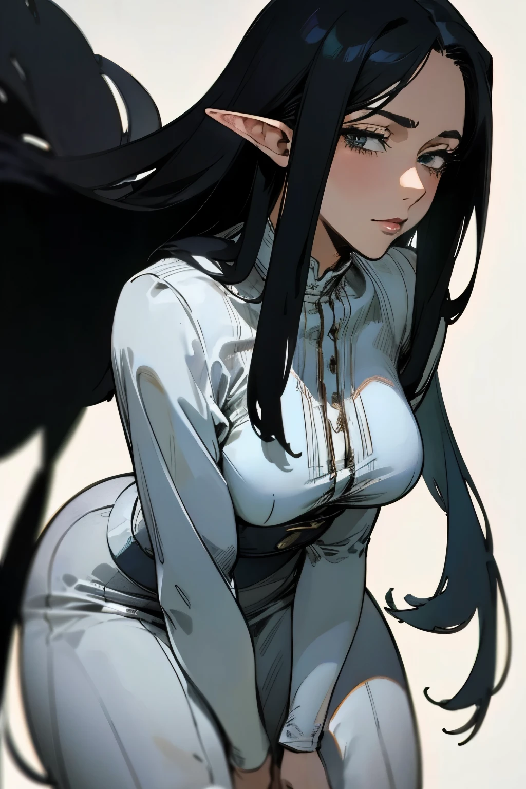 solo, white victorian dress, ((masterpiece)), ((high resolution)),((best quality)), extremely fine and beautiful, super fine illustration, (realistic skin), (insanely detailed anime eyes), milf, vivid and beautiful, shocking sensation, incredibly detailed, beautiful detailed girl, supple breasts, front view, facing at viewer, black hair, (elf), (see-through:0.5), covered, ((black hair)), (very long hair), muscular, tired, rogue, profile, small—large breasts, plump thighs, wide hips, movie lighting, perfect shadow, realistic lighting shaded