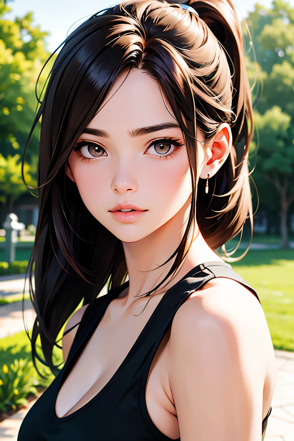 masutepiece, Best Quality, 超A high resolution, (Photorealistic:1.4), Detailed beautiful face, detailed  clothes, Stunning European women, Wearing a tank top, Super Cute, nice perfect face with soft skin perfect face, Gorgeous long ponytail brown hair, 8K resolution,Ultra-realistic,Ultra-detailed,hightquality,  wide vision