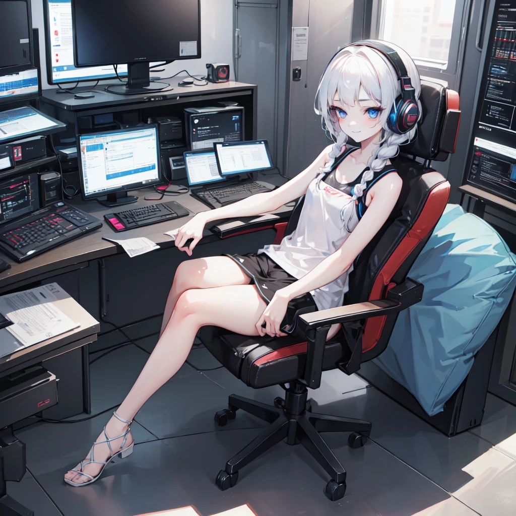 cyberpunk, sitting in a gaming chair, headset, headphones,programming on a computer,developer,tank top,room full of gadgets,mature,slender body:1.2, small chest:1.5, braid, ((short bangs1.4)), (white hair),  (best quality:1.3), (highres:1.3), (clear:1.3), (8k:1.3), masterpiece, (detailed:1.1), 1girl, beautiful detailed eyes, beautiful detailed lips, extremely detailed eyes and face, long eyelashes, blue eyes, shy smile, perfect proportion,face close up,