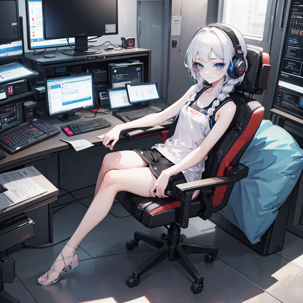 cyberpunk, sitting in a gaming chair, headset, headphones,programming on a computer,developer,tank top,room full of gadgets,matu...