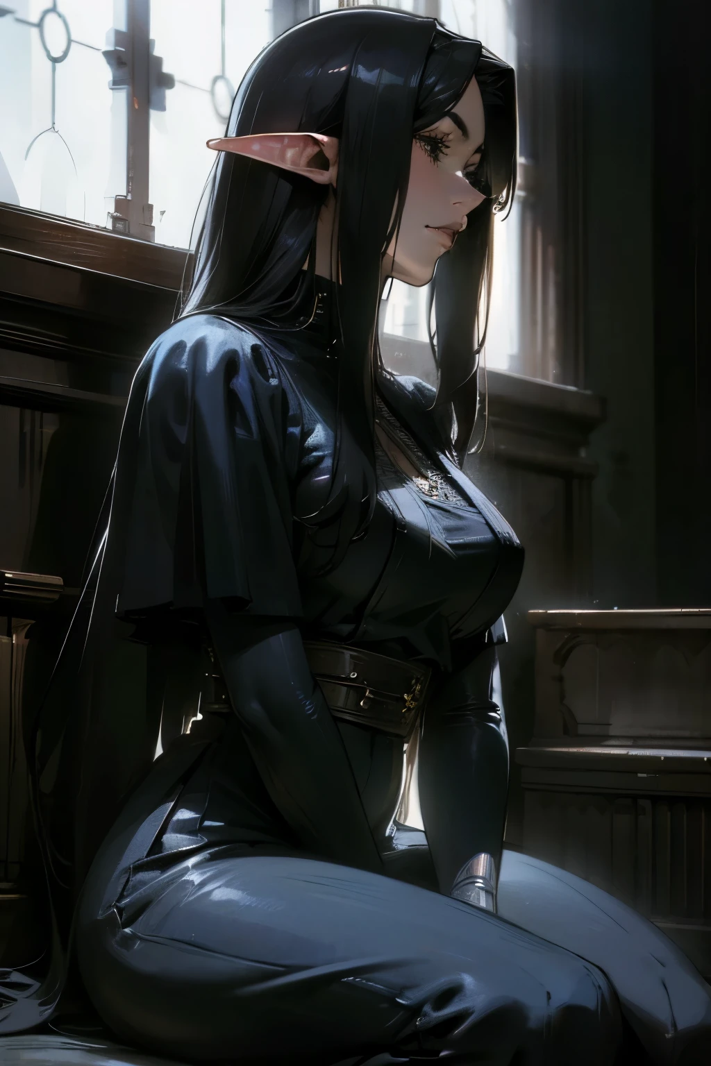 solo, victorian dress, ((masterpiece)),((high resolution)),((best quality)), extremely fine and beautiful, super fine illustration, (realistic skin), (insanely detailed anime eyes), milf, vivid and beautiful, shocking sensation, incredibly detailed, beautiful detailed girl, supple breasts, front view, facing at viewer, black hair, (elf), long elf ears, (see-through:0.5), covered, ((black hair)), (very long hair), profile, sitting, small—large breasts, plump thighs, wide hips, movie lighting, perfect shadow, realistic lighting shaded