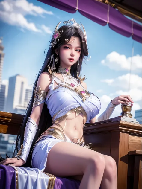 A young woman, Dressed in a flowing white dress, long black hair hanging down her back. She wears a jeweled tiara, White lace wrapped around her abdomen, exposed belly. She sits elegantly in the bustling city, In front of the blooming peach blossom trees. ...