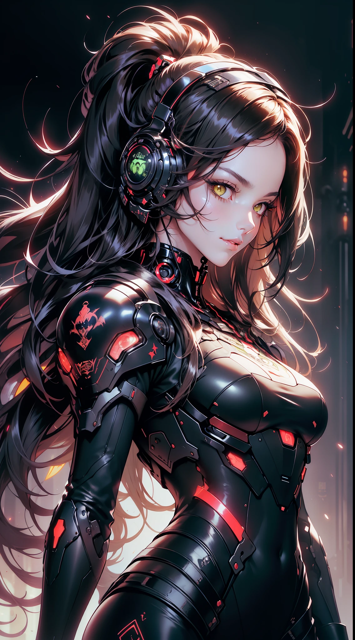 tmasterpiece, Best quality at best, Beautiful and fine hair and fine face, perfect female face, (Happy:1.2), cyber skull mask, (closeup portrait:1.2), Face focus, Beautiful and lovely woman in armor and shiny black hair, red neon light, (Sci-fi cyberpunk jumpsuit), (Heavy armor), Alone, 1 girl, ahoge, Sidehair, Very long hair, Glossy glossy skin, Shiny forehead, lens flare glow, Focus sharp, Volumetriclighting, Hot topics on artstation, pixiv, by sakimichan, George what do you do, Akira Yasuda, An Alphonse Mucha's, Greg Rutkoski, gill elvgren, Wilhelm Adolphe Bouguereau