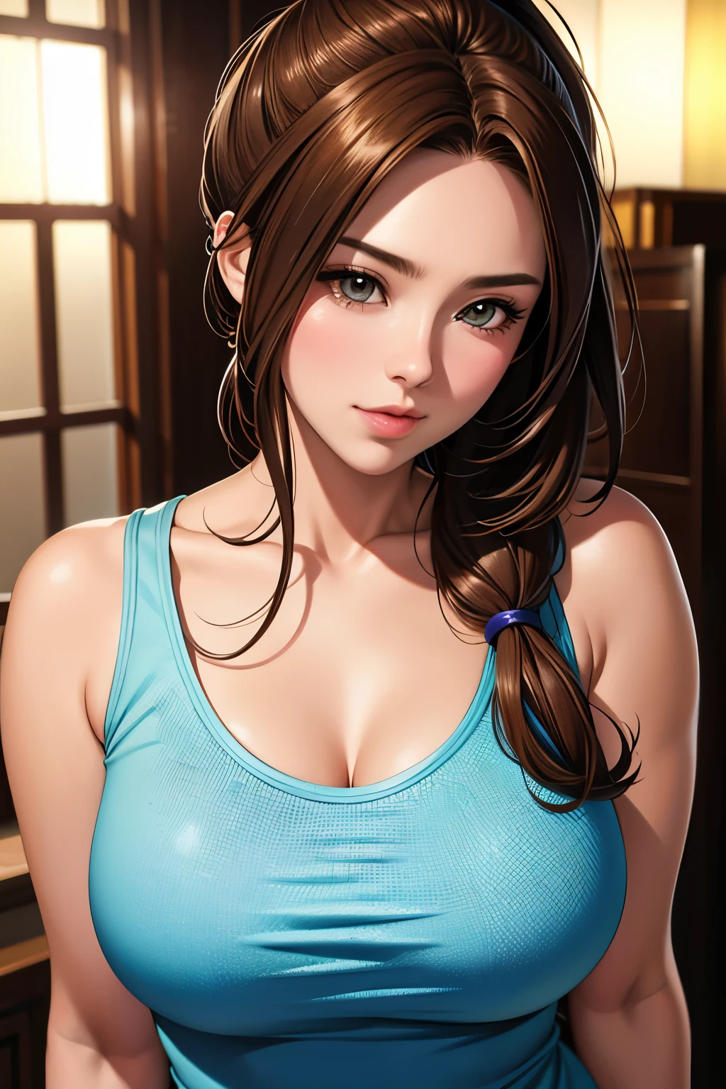 masutepiece, Best Quality, 超A high resolution, (Photorealistic:1.4), Detailed beautiful face, detailed  clothes, Stunning European women, Wearing a tank top, Super Cute, nice perfect face with soft skin perfect face, Gorgeous long ponytail brown hair, 8K resolution,Ultra-realistic,Ultra-detailed,hightquality,  wide vision