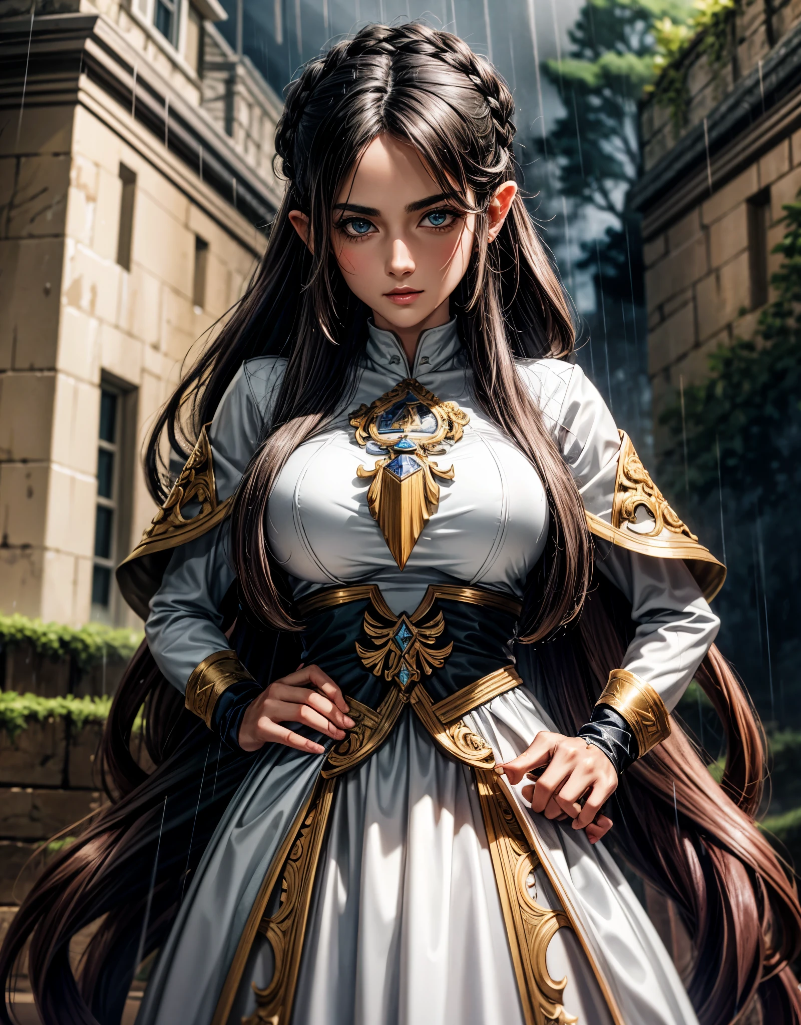 In a victory pose, Zelda's character, 30 years old, displays an imposing image. With long hair, a dynamic posture and a robust street look, she stands out in front of a gigantic castle wall crumbling. Symmetrical and expressive eyes, long and black hair, all illuminated by a cinematographic lighting in Unreal Engine 5 with Octane, create a dramatically detailed scene. Sharpness and precise focus enhance every detail, resulting in smooth studio-quality rendering. | {The camera captures her in a victorious pose, standing confidently on the rain-soaked street with the crumbling castle wall in the background} | ((long_hair:1), ((rugged:1), ((symmetrical_face):1), ((streetwear:1), ((rainy_background):1), More_Detail.