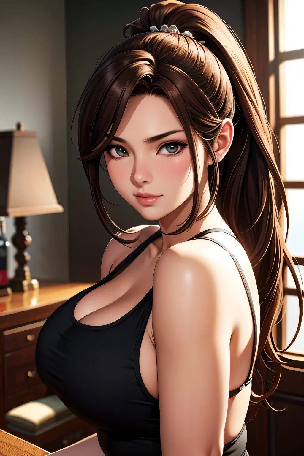 masutepiece, Best Quality, 超A high resolution, (Photorealistic:1.4), Detailed beautiful face, detailed  clothes, Stunning European women, Wearing a tank top, Super Cute, nice perfect face with soft skin perfect face, Gorgeous long ponytail brown hair, 8K resolution,Ultra-realistic,Ultra-detailed,hightquality,  wide vision