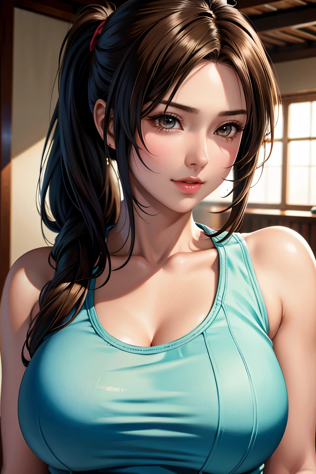 masutepiece, Best Quality, 超A high resolution, (Photorealistic:1.4), Detailed beautiful face, detailed  clothes, Stunning European women, Wearing a tank top, Super Cute, nice perfect face with soft skin perfect face, Gorgeous long ponytail brown hair, 8K resolution,Ultra-realistic,Ultra-detailed,hightquality,  wide vision