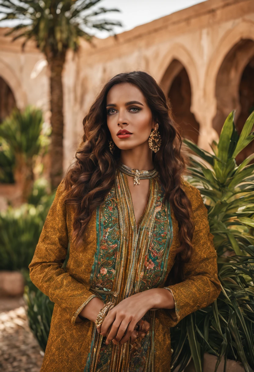 Créez une photographie 4K réaliste de Shemsy, Un jeune, influenceur numérique marocain dynamique. Elle a une vingtaine d&#39;années et a une peau olive chaude., cheveux ondulés brun foncé, et des yeux marron foncé frappants. Elle porte une tenue moderne qui intègre subtilement des éléments traditionnels marocains.. Son style est un mélange raffiné de mode marocaine contemporaine et traditionnelle., doté d&#39;un élégant, veste ajustée avec broderies marocaines complexes et accessoires comme des bijoux berbères traditionnels.

Shemsy se tient au Jardin Majorelle à Marrakech, qui est célèbre pour ses plantes exotiques et son studio art déco bleu vif. Le jardin autour d&#39;elle est luxuriant et vert, rempli de hautes tiges de bambou et de cactus, contrastant magnifiquement avec le bleu cobalt vif du studio en arrière-plan. La lumière du soleil filtre doucement à travers le feuillage, lancer un doux, lueur chaleureuse sur son visage, mettant en valeur sa confiance, sourire pourtant accessible.

Elle tient un appareil photo numérique professionnel dans une main, Capturer la beauté du jardin, symbolisant sa passion pour la photographie et l&#39;art. Sa posture est détendue mais équilibrée, dégageant un sentiment de confiance et de curiosité. L&#39;ambiance générale de l&#39;image est vibrante, coloré, et vivant avec l&#39;essence de la culture marocaine et de la féminité moderne."