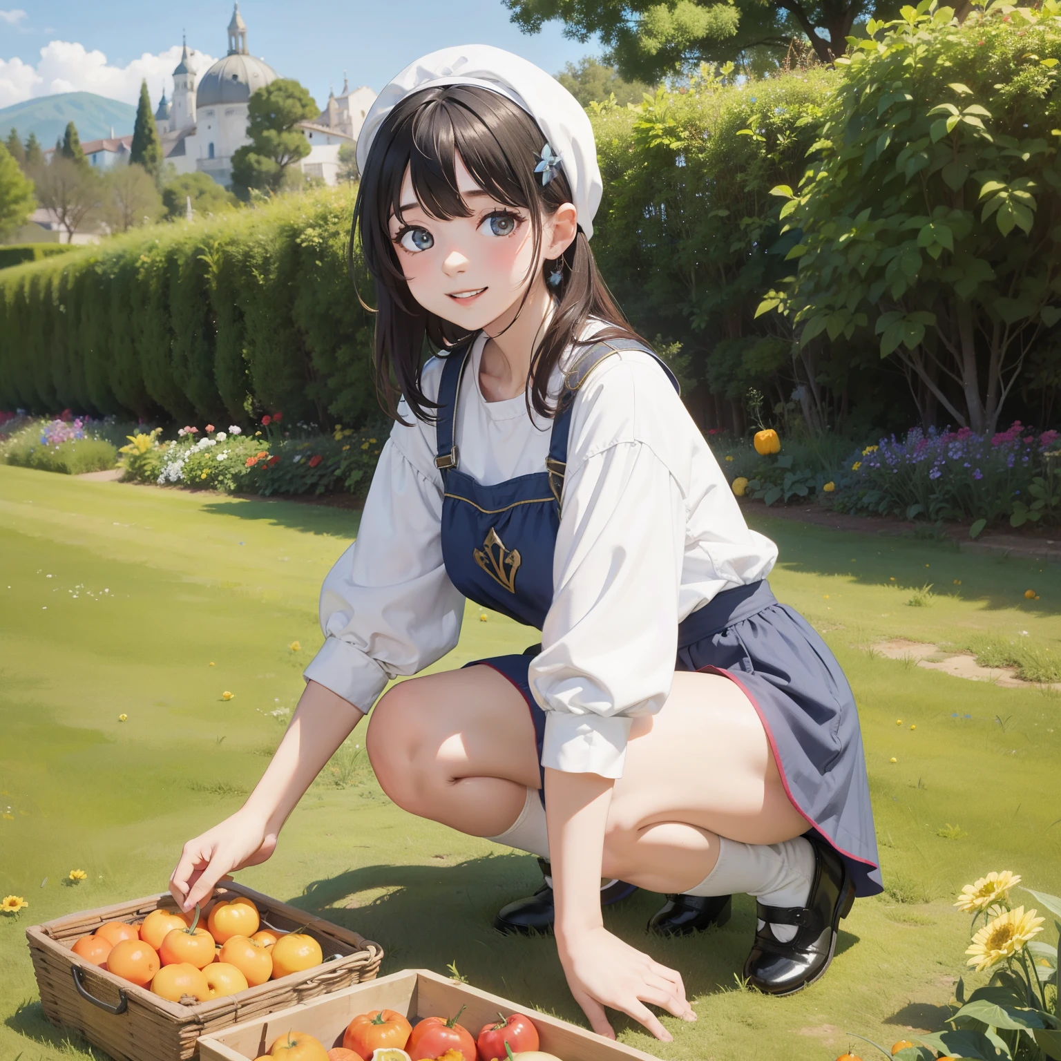 image of smiling peasant girl singing, dressed, crouching, picking vegetables in an open-space garden with medieval vilareijo in the background,