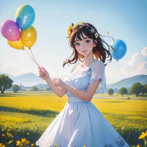 A girl holding flowers, colorful balloons floating in the sky, meadow, dancing, holding flowers, happy, happy, perfect quality, ...