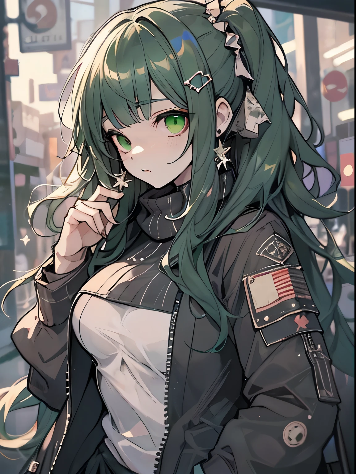 best qualtiy, 超A high resolution, A detailed face, A detailed eye, ((deep green color:1.3)), 1girll, Beautuful Women, large full breasts, jaket, a miniskirt, punk fashion,