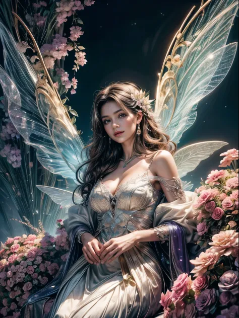 (masterpiece, Stunning flower fairy images.:1.3), (A mesmerizing scene that brings the magic of nature to life...:1.2), (Carefully crafted to convey the essence of the beauty and imagination of flowers...:1.2), (Angel with delicate wings, Decorate with clo...