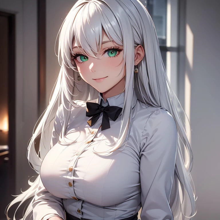 (girl, white hair, long hair, green eyes, sharp gaze, upper body, modern dress, smiling face, single woman, mature woman, suit, modern attire, western attire, office look), (best quality,4k,8k,highres,masterpiece:1.2), ultra-detailed, realistic:1.37, HDR, studio lighting, professional, vivid colors, portraits, contemporary, soft color tones, gentle and warm lighting.