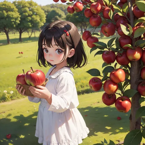 Little girl, Picking apples in an apple orchard, The trees are full of red apples.