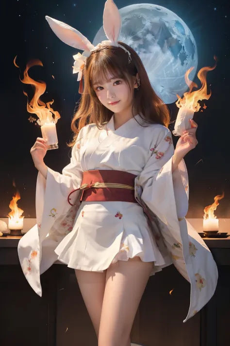 Esbian, a female idol covered in a fantastic white flamel body、、Flame pattern miniskirt kimono、rabbit ear lame rabbit、Moon Night