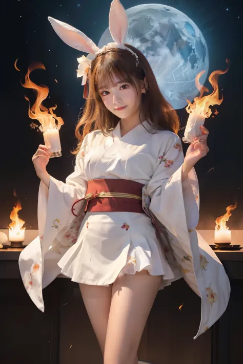 esbian, a female idol covered in a fantastic white flamel body、、flame pattern miniskirt kimono、rabbit ear lame rabbit、moon night