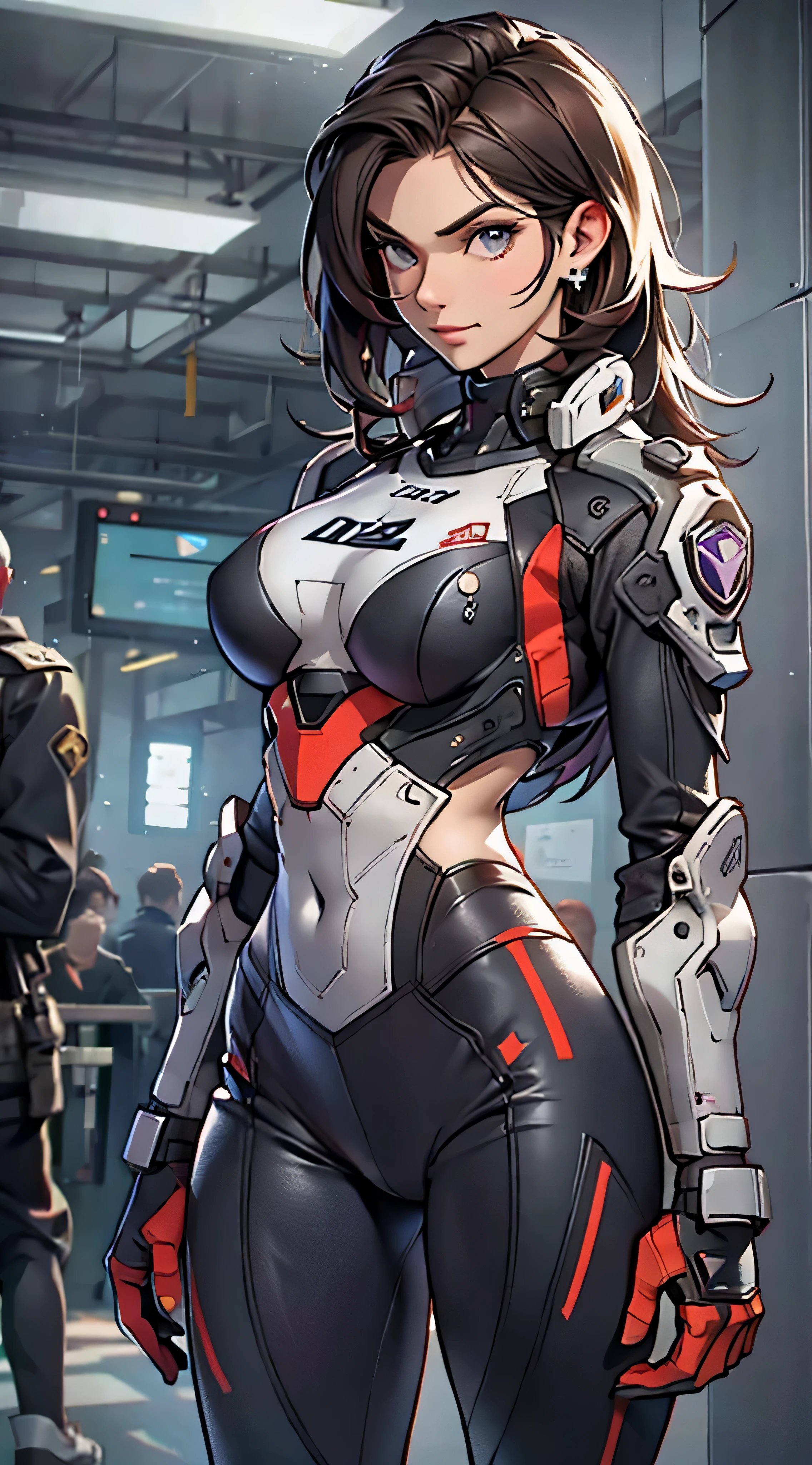 11:23(((Best quality: 1.4))),(Unbeatable masterpiece), (hyper HD),(Hyper-realistic 8k CG)、（dark colored hair） ((( body))), (((1 girl in))), 25-year-old American soldier with perfect body,,Beautiful and well groomed face,muscular body:1.2,Solid royal blue jacket with details, (Pictures from head to thighs)， Complex equipment, purpleish color，long trousers，The clothes inside are dark，Clothes with metal electronic parts,Tech Armor )