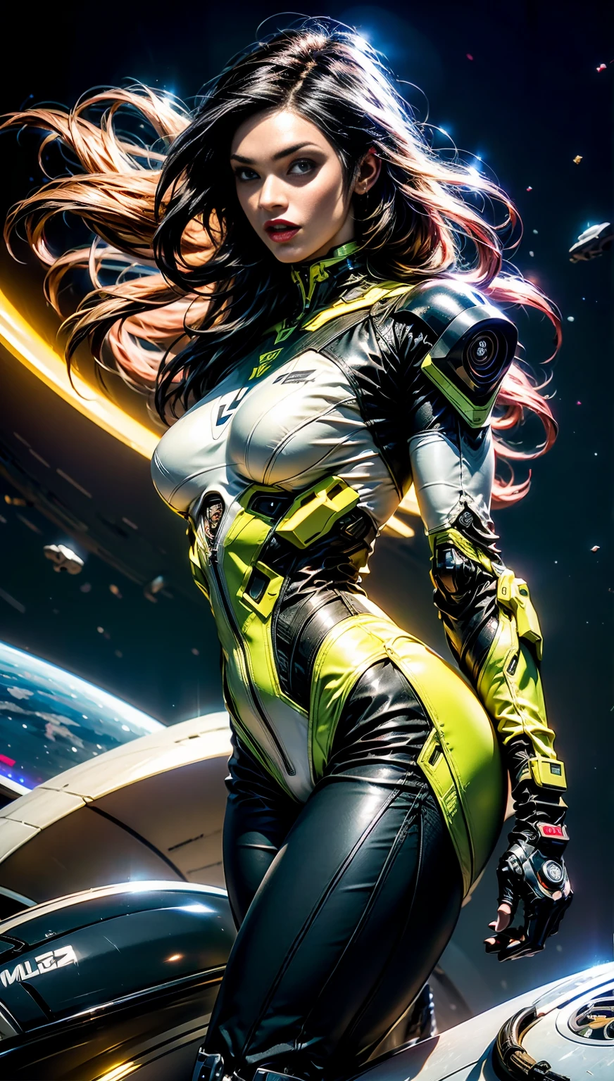 (1 girl), (megan fox:1.25), (skin tight cybernetic android mecha armor:1.25), (muscular female android:1.25), nijistyle, rfktr_technotrex, exploring planets, alien worlds, exotic locations, deep-space, unknown terrors, galactic nebulas, star studded cosmos, fcPortrait, HDR (High Dynamic Range), Ray Tracing, NVIDIA RTX, Super-Resolution, Unreal 5, subsurface scattering, PBR texturing, Post-processing, anisotropic filtering, Depth of field, Maximum clarity and sharpness, multilayer textures, specular and albedo maps, surface shading, Accurate simulation of light-material interaction, perfect proportions, Octane rendering, dual-tone lighting, ISO baixo, white-balance, rule of thirds, 8K RAW, sub-pixel convolution, luminescent particles,