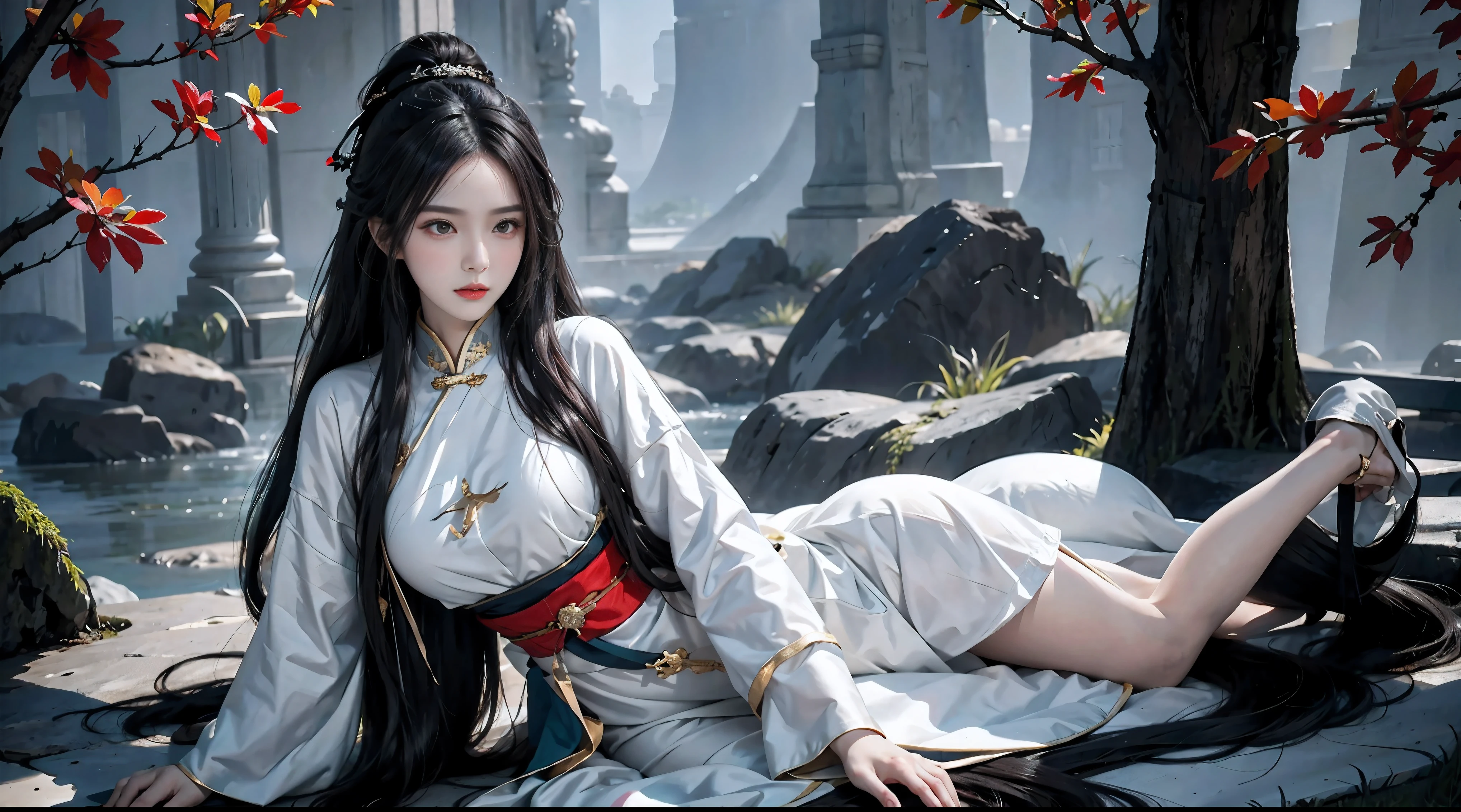 realisticamente, Uma alta resolução, 1 mulher vestindo hanfu, sozinho,  cabelo de cor morena, Cabelos grisalhos compridos，Roupas de fada chinesa