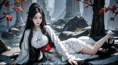 realistically, A high resolution, 1 woman wearing hanfu, Alone,  brunette color hair, Long gray hair，Chinese fairy clothes