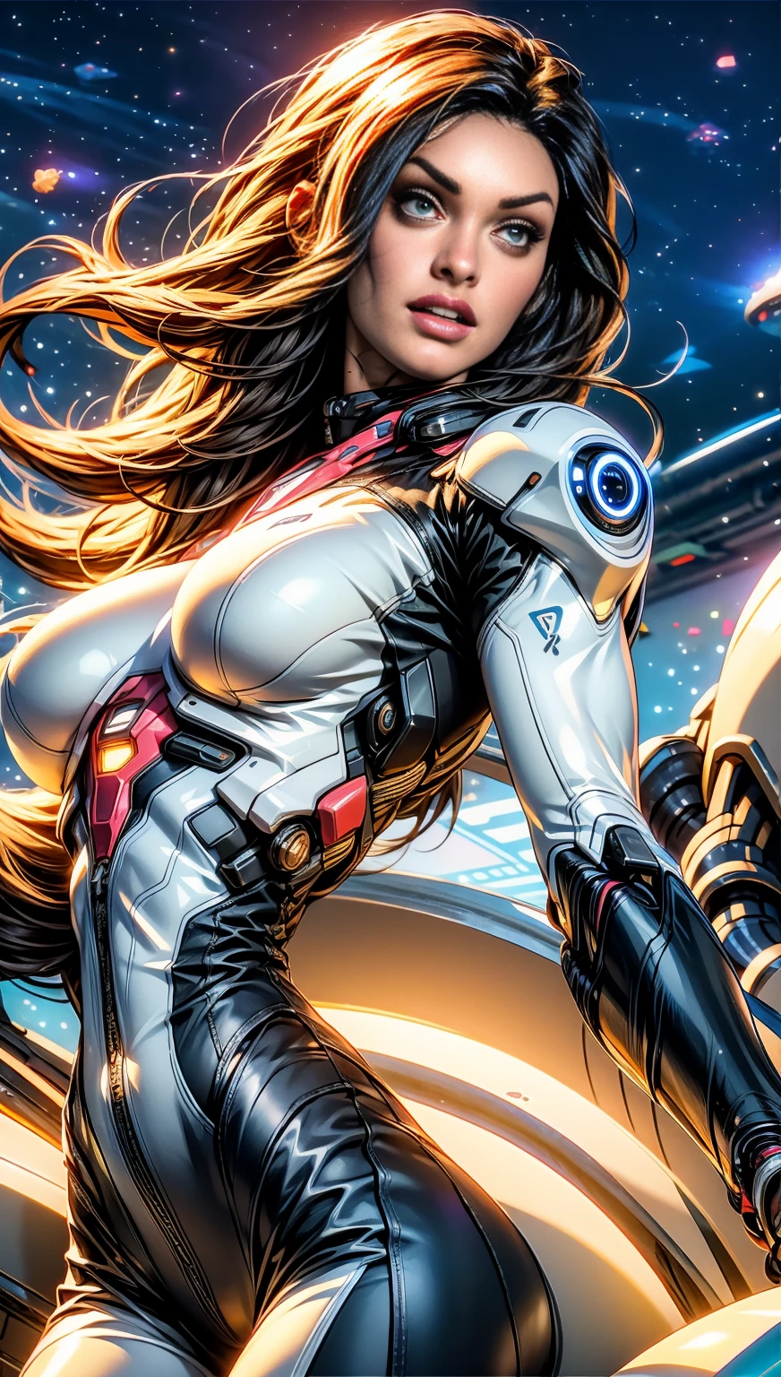 (1 girl), (megan fox:1.25), (skin tight cybernetic android mecha armor:1.25), (muscular female android:1.25), nijistyle, rfktr_technotrex, exploring planets, alien worlds, exotic locations, deep-space, unknown terrors, galactic nebulas, star studded cosmos, fcPortrait, HDR (High Dynamic Range), Ray Tracing, NVIDIA RTX, Super-Resolution, Unreal 5, subsurface scattering, PBR texturing, Post-processing, anisotropic filtering, Depth of field, Maximum clarity and sharpness, multilayer textures, specular and albedo maps, surface shading, Accurate simulation of light-material interaction, perfect proportions, Octane rendering, dual-tone lighting, ISO baixo, white-balance, rule of thirds, 8K RAW, sub-pixel convolution, luminescent particles,