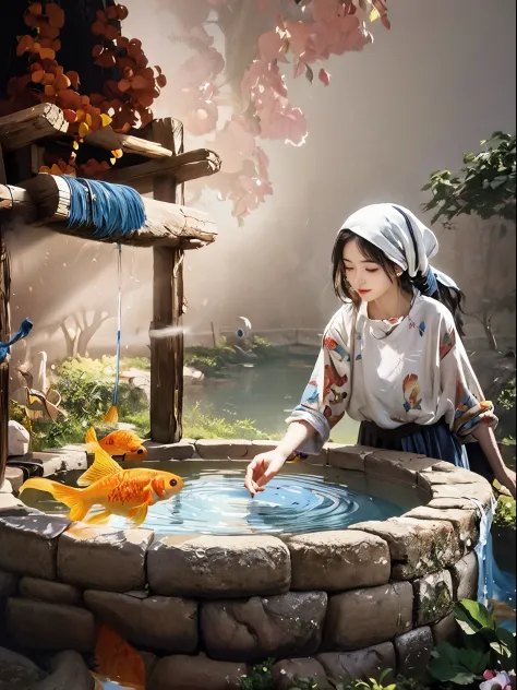 painting of a woman washing her hands in a well with a goldfish, adorable  digital painting, realistic fantasy painting, cyril rolando and goro  fujita, realistic fantasy illustration - SeaArt AI