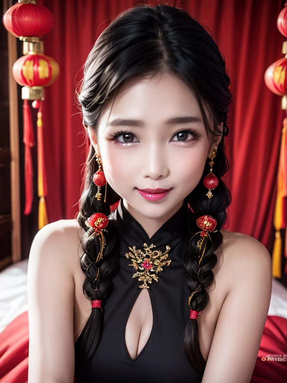 The eyes are delicate，Beautiful girl wearing cheongsam with double braids，hair adornments，choker necklace，（（The room is filled with Chinese New Year decorations））（（Grinning））（（（tmasterpiece）））， （（Best quality））， （（intricately details））， （（hyper realisitc））（8K）