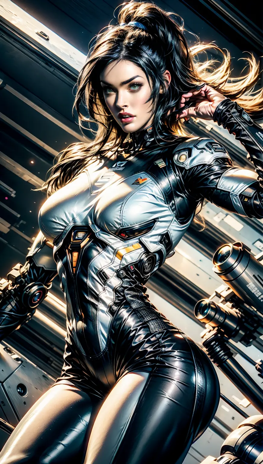 (1 girl), (megan fox:1.25), (skin tight cybernetic android mecha armor:1.25), (muscular female android:1.25), nijistyle, rfktr_t...