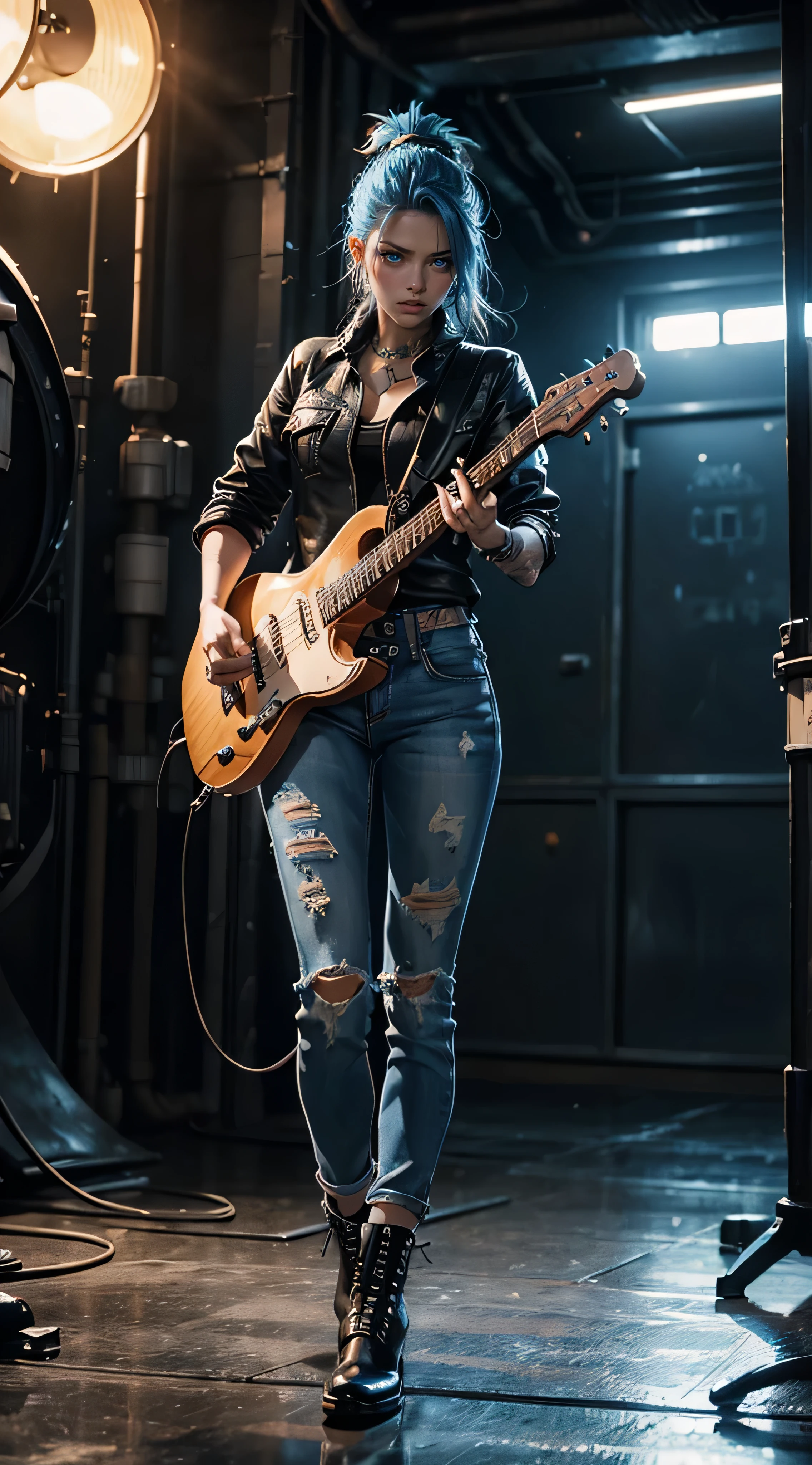 Arafed woman in a black jacket playing a guitar in a dark room - SeaArt AI