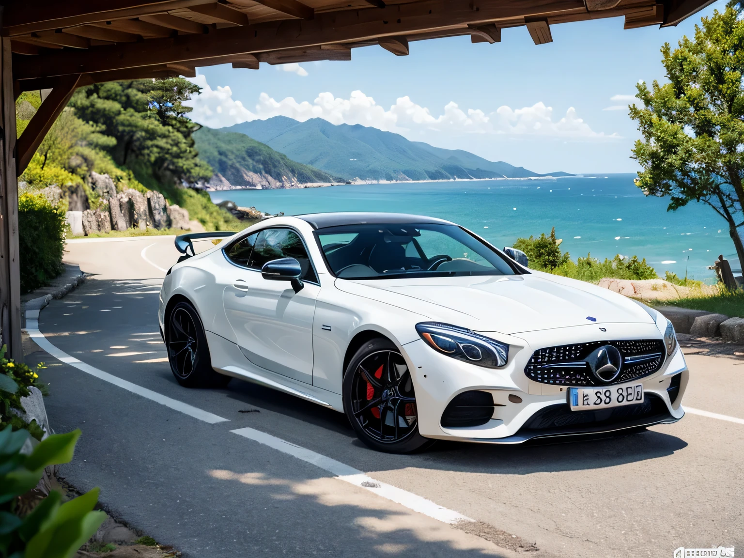 A white mercedes car driving down a road next to the ocean - SeaArt AI