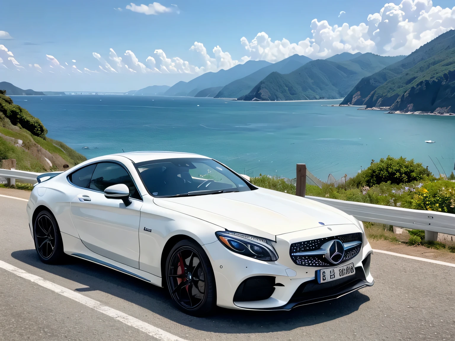 A close up of a white mercedes car driving on a road near the ocean -  SeaArt AI