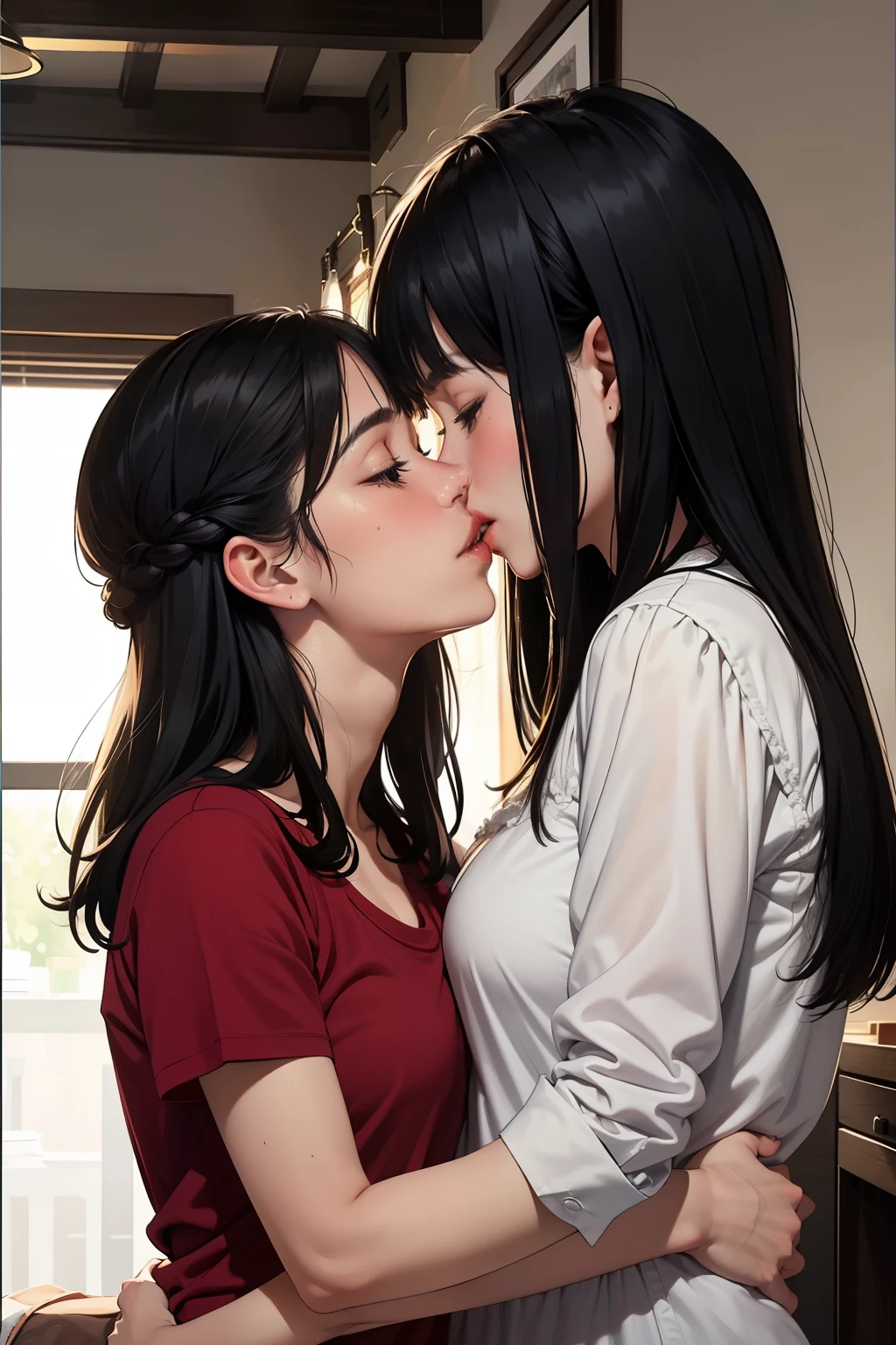 Two women are kissing in a kitchen while one of them is wearing a red shirt  - SeaArt AI