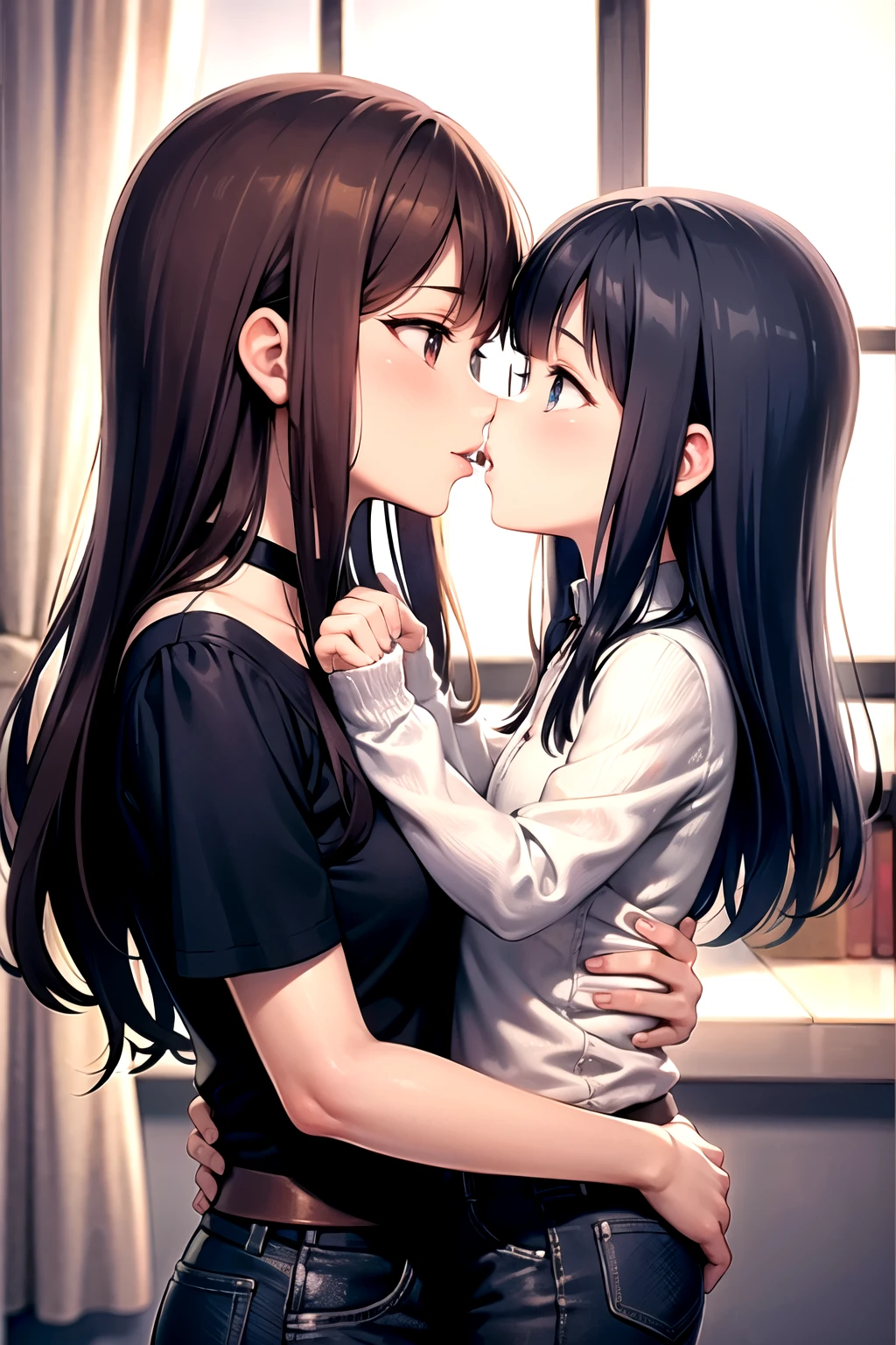 Anime couple kissing in front of window with sunlight - SeaArt AI