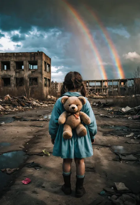 a lonely girl, holding a teddy bear  , walks towards a(( rainbow)) in a nuclear wasteland. the once thriving city now lies in ru...